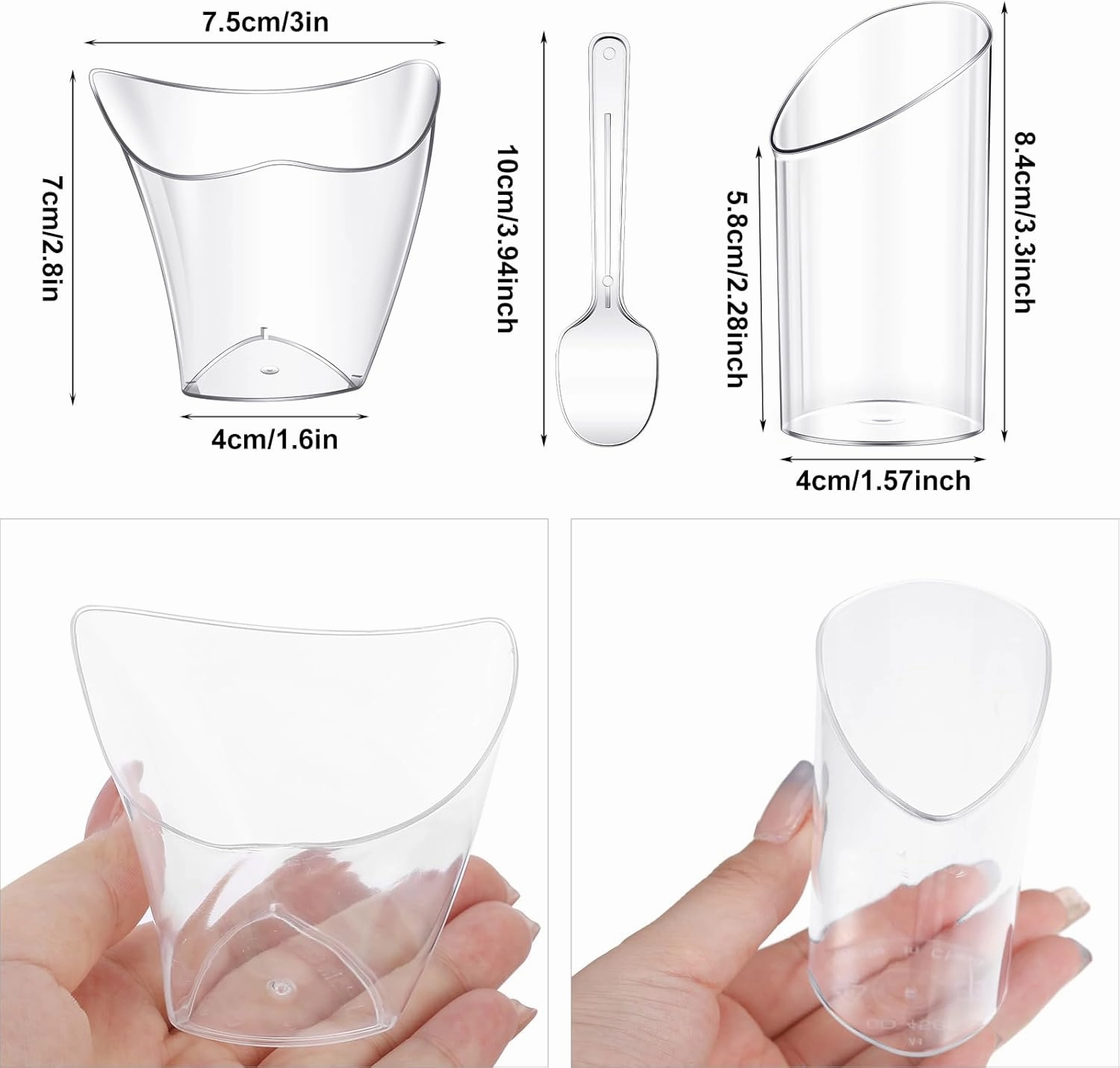 Funtery 300 Pack Mini Dessert Cups with Spoons Bulk Clear Plastic Slanted Round Parfait Appetizer Cup for Desserts Shooters(3oz, 4oz,Round, Twisted)
