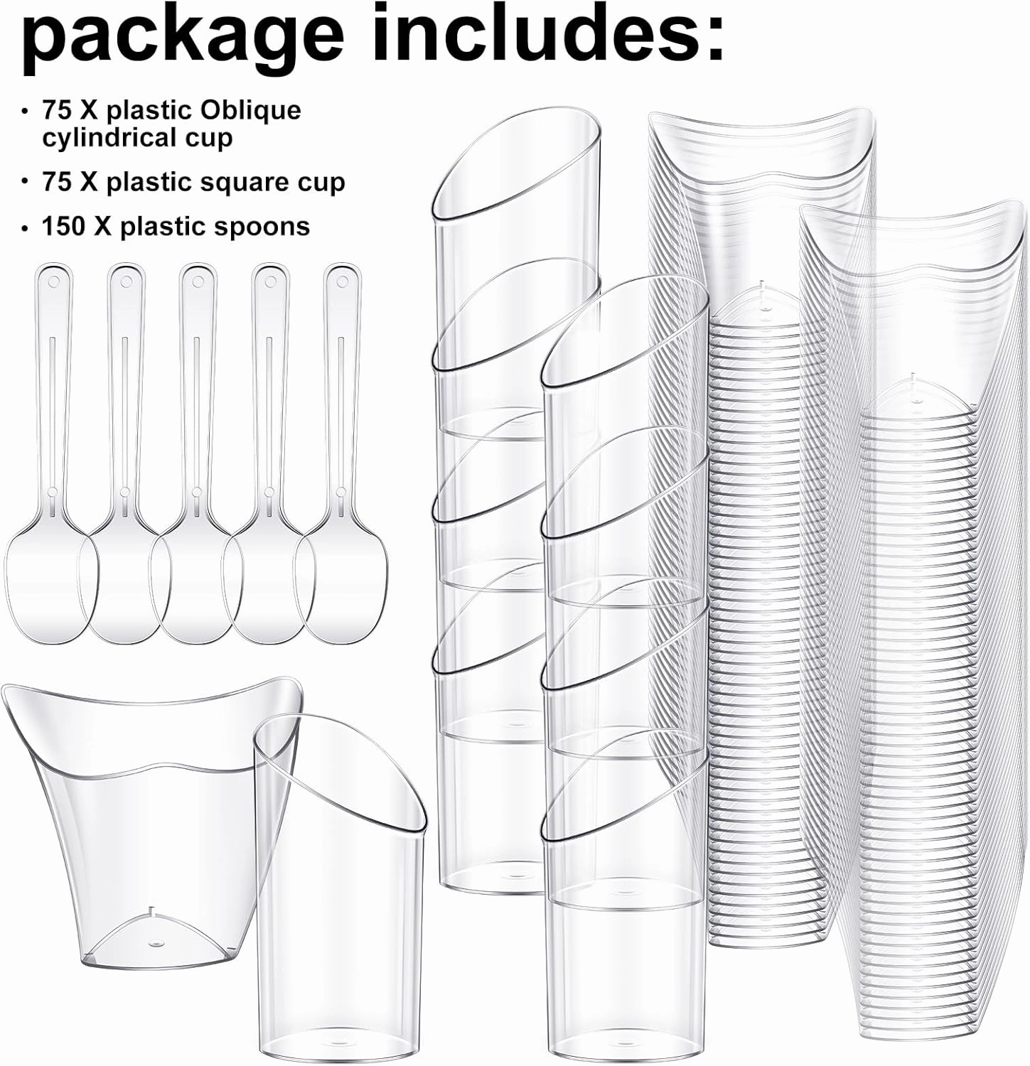 Funtery 300 Pack Mini Dessert Cups with Spoons Bulk Clear Plastic Slanted Round Parfait Appetizer Cup for Desserts Shooters(3oz, 4oz,Round, Twisted)