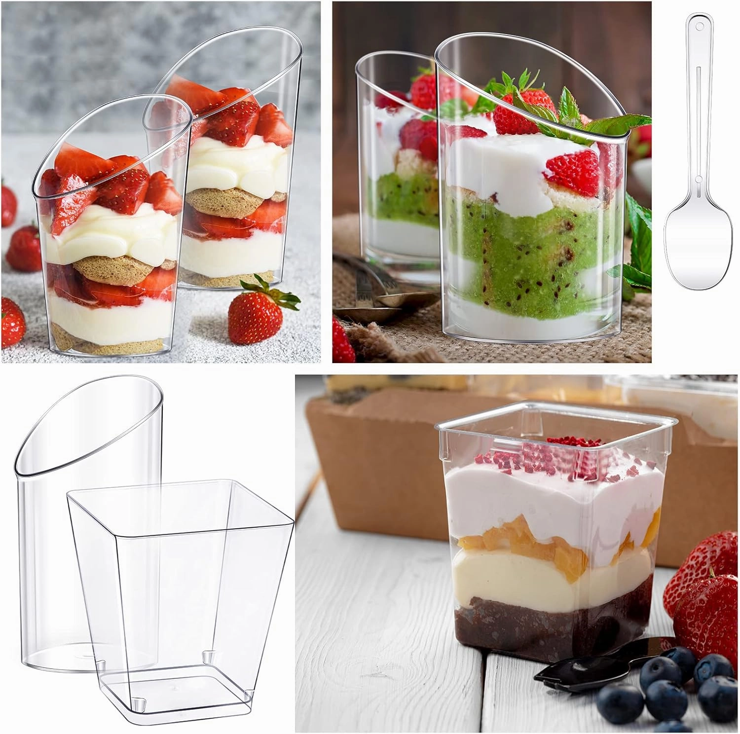 Funtery 300 Pack Mini Dessert Cups with Spoons Bulk Clear Plastic Slanted Round Parfait Appetizer Cup for Desserts Shooters(3oz, 5oz,Round, Square)