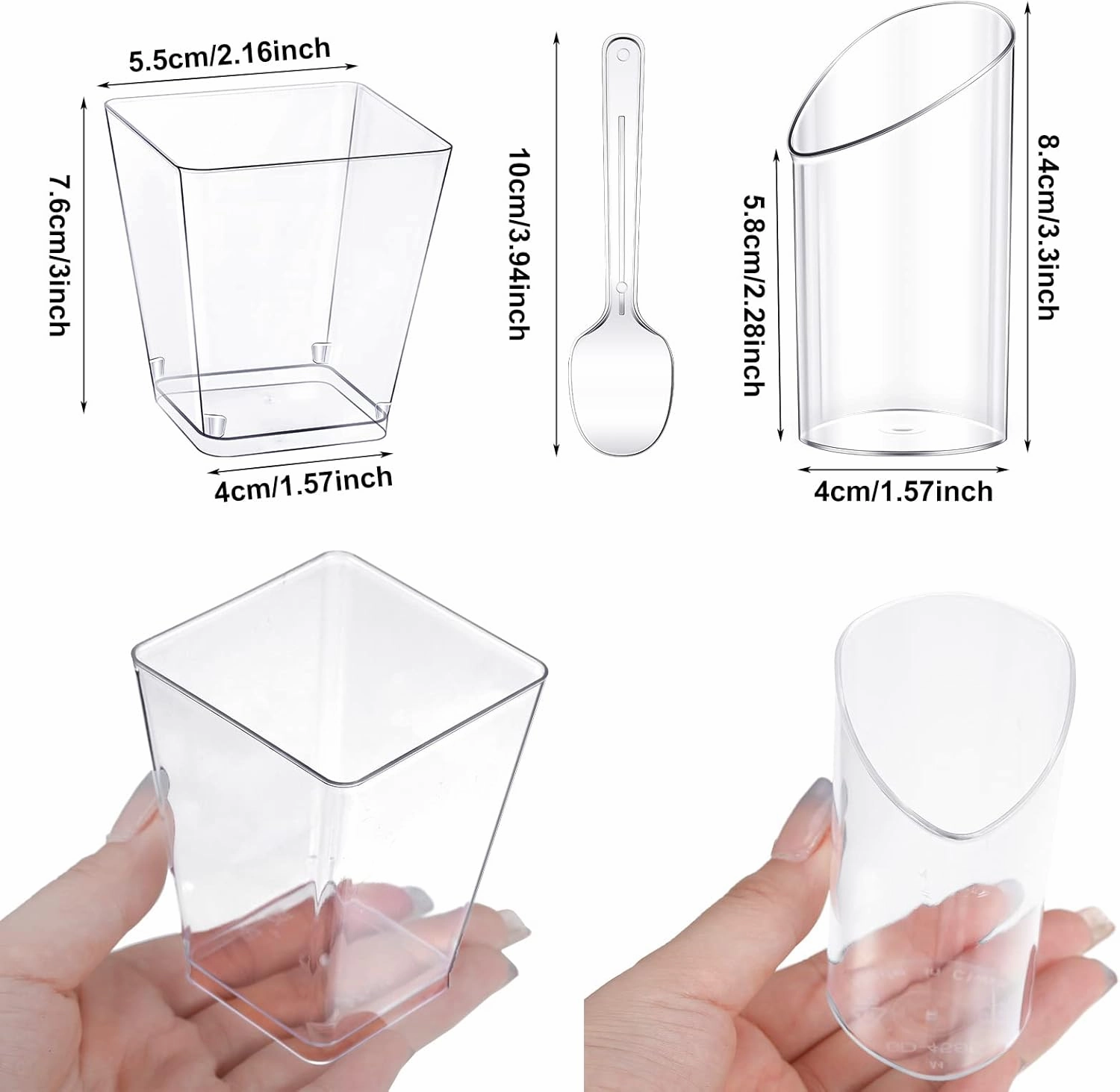 Funtery 300 Pack Mini Dessert Cups with Spoons Bulk Clear Plastic Slanted Round Parfait Appetizer Cup for Desserts Shooters(3oz, 5oz,Round, Square)