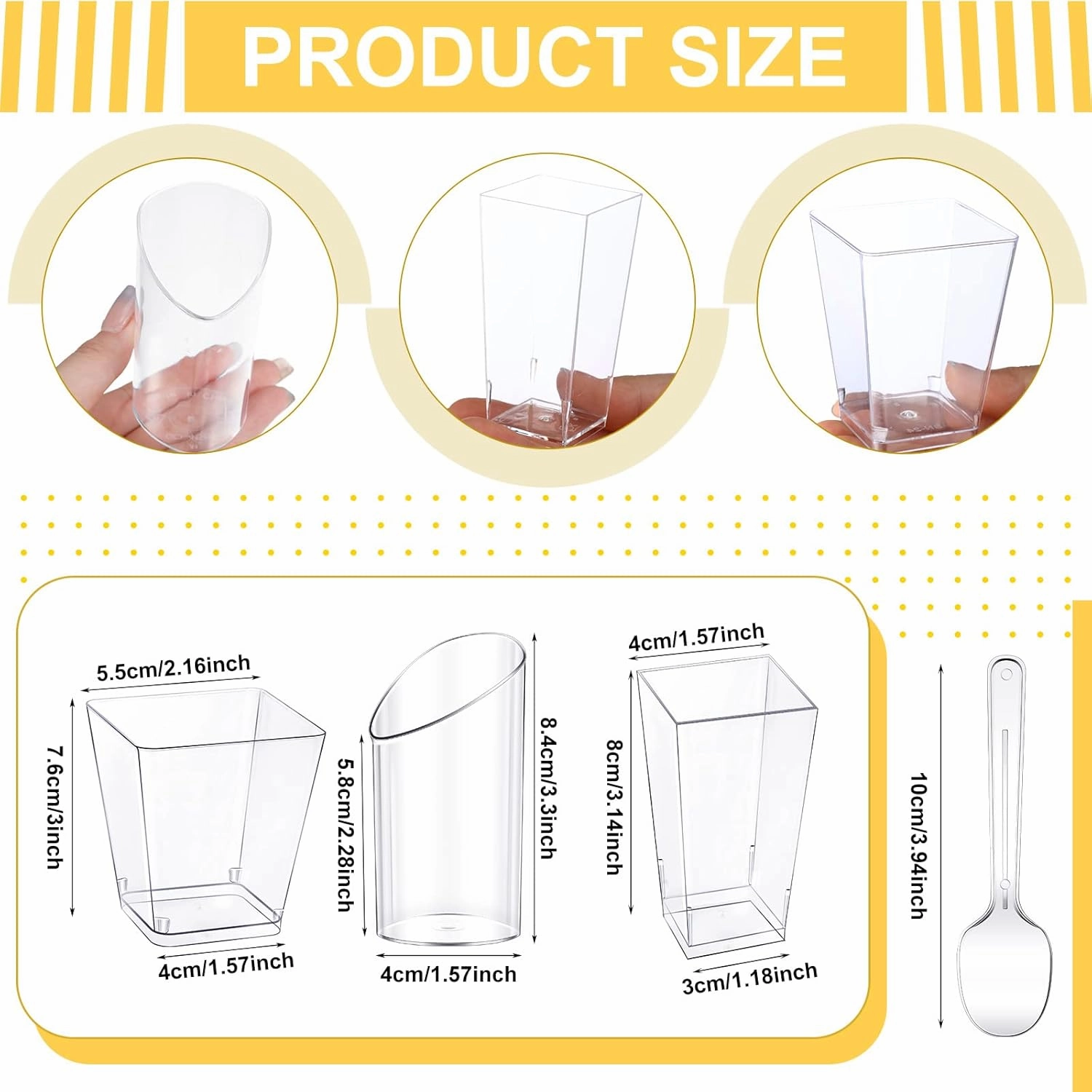 Funtery 300 Pack Mini Dessert Cups with Spoons Bulk Clear Plastic Slanted Round Parfait Appetizer Cup for Desserts Shooters(3oz, 5oz,Round, Square, Square)