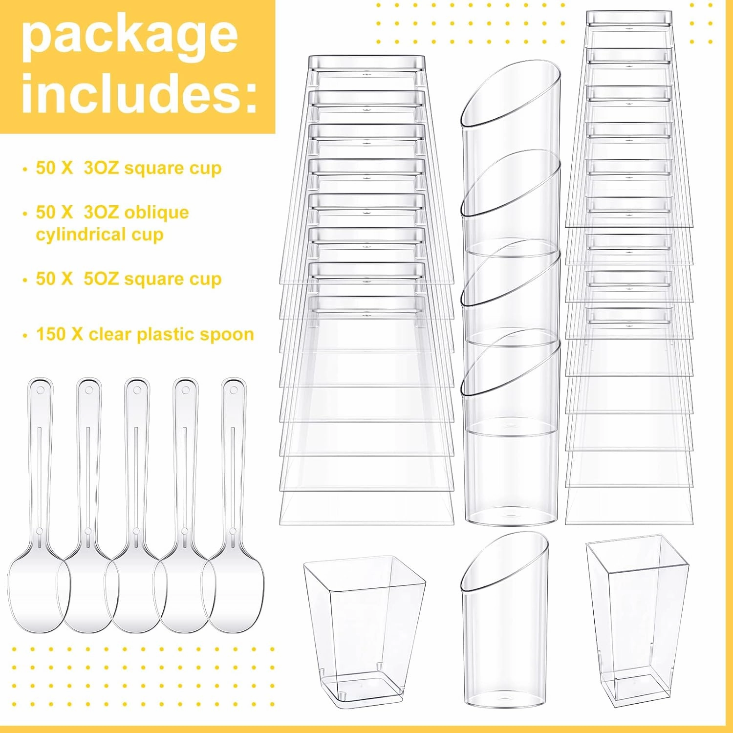 Funtery 300 Pack Mini Dessert Cups with Spoons Bulk Clear Plastic Slanted Round Parfait Appetizer Cup for Desserts Shooters(3oz, 5oz,Round, Square, Square)
