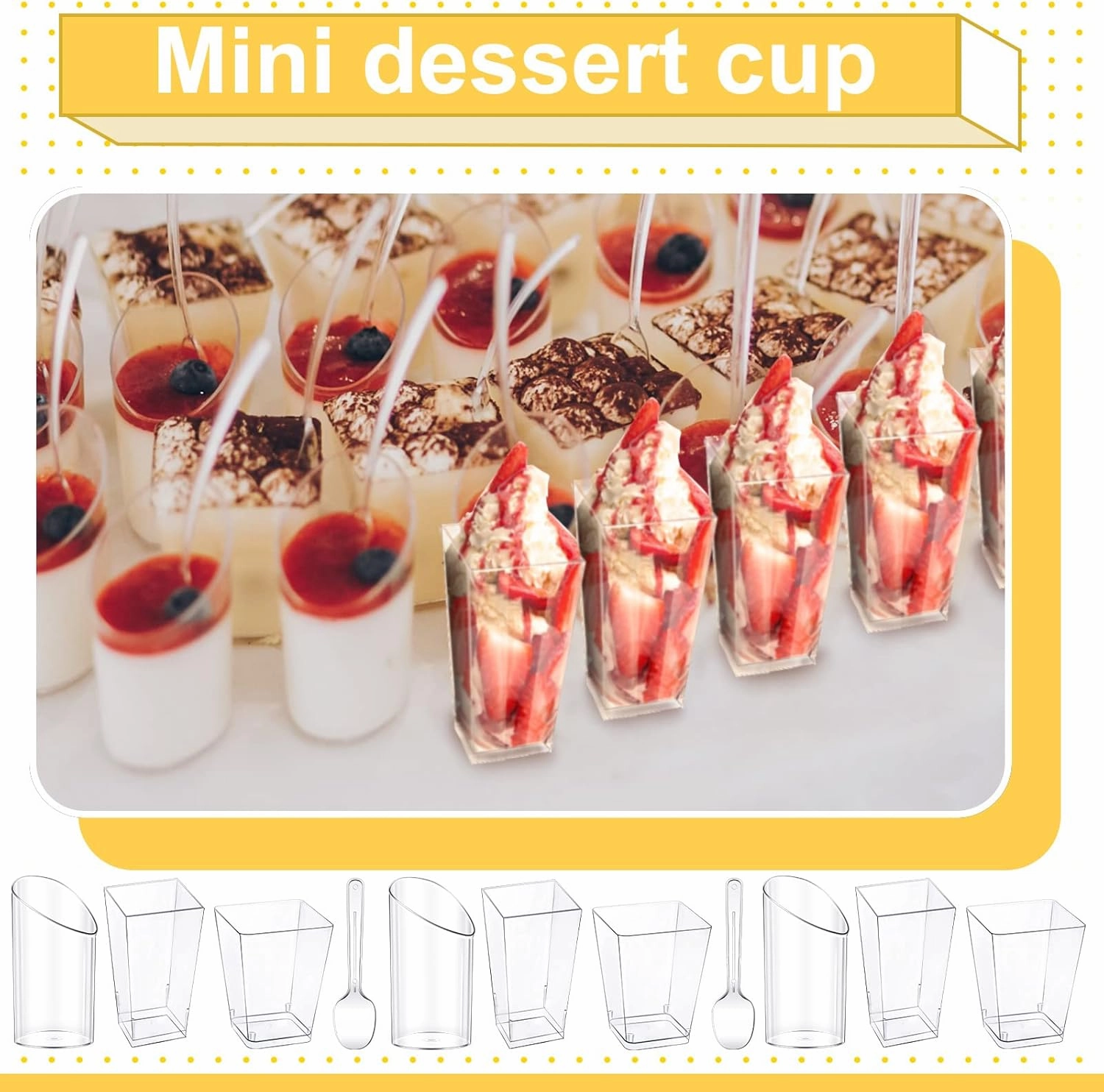 Funtery 300 Pack Mini Dessert Cups with Spoons Bulk Clear Plastic Slanted Round Parfait Appetizer Cup for Desserts Shooters(3oz, 5oz,Round, Square, Square)