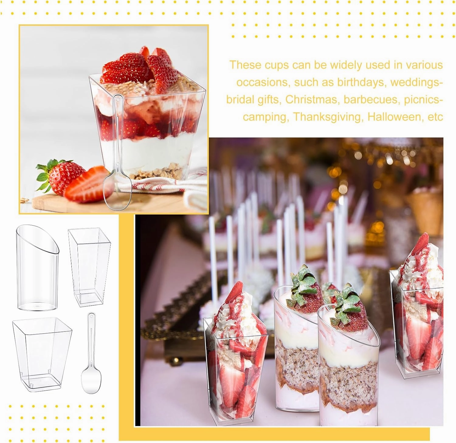 Funtery 300 Pack Mini Dessert Cups with Spoons Bulk Clear Plastic Slanted Round Parfait Appetizer Cup for Desserts Shooters(3oz, 5oz,Round, Square, Square)