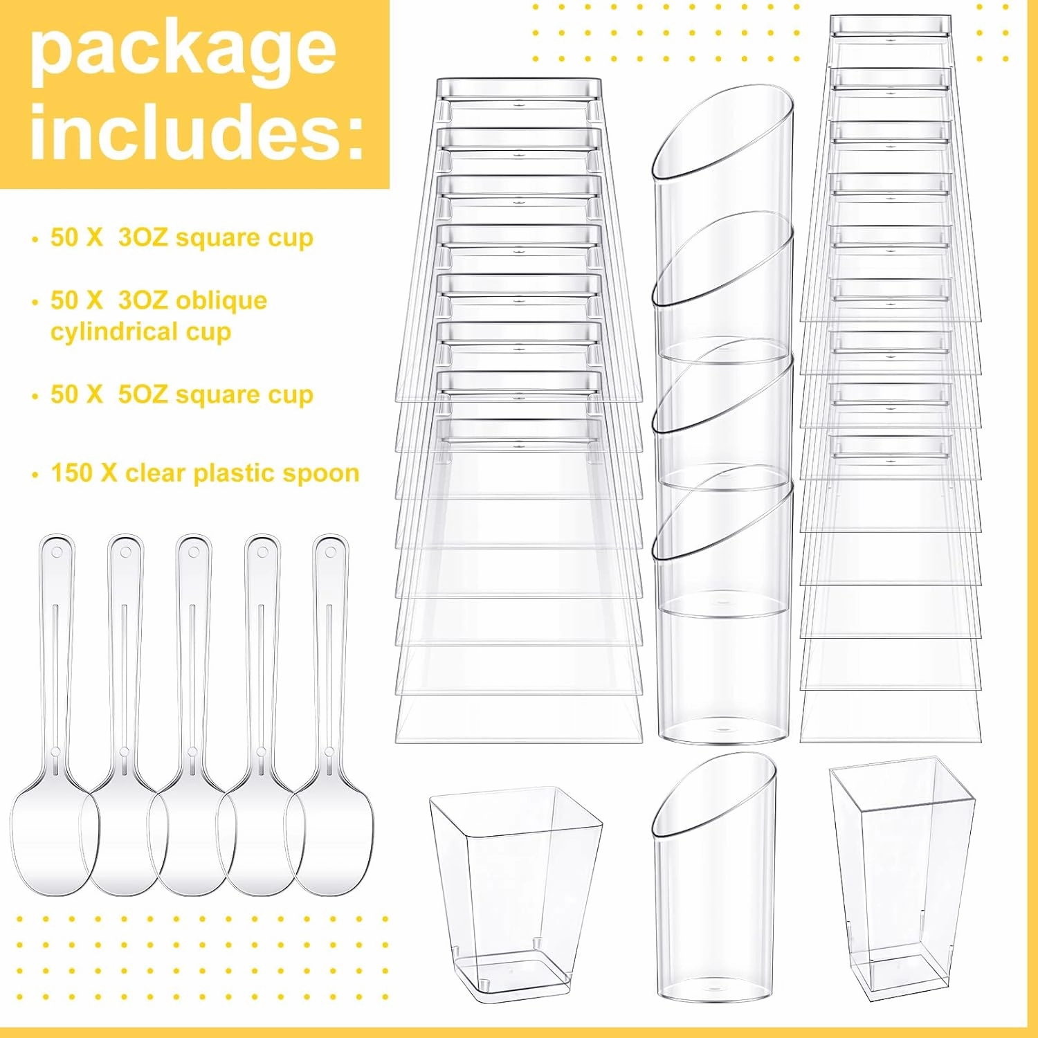 Funtery 300 Pack Mini Dessert Cups with Spoons Bulk Clear Plastic Slanted Round Parfait Appetizer Cup for Desserts Shooters(3oz, 5oz,Round, Square, Square)