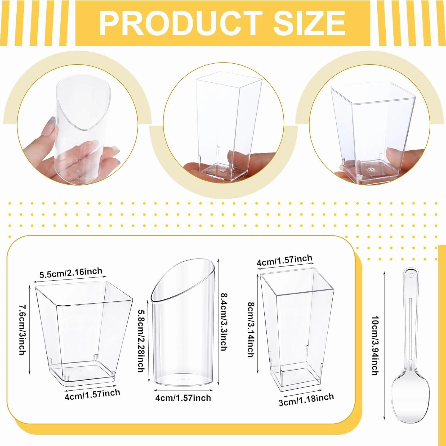 Funtery 300 Pack Mini Dessert Cups with Spoons Bulk Clear Plastic Slanted Round Parfait Appetizer Cup for Desserts Shooters(3oz, 5oz,Round, Square, Square)