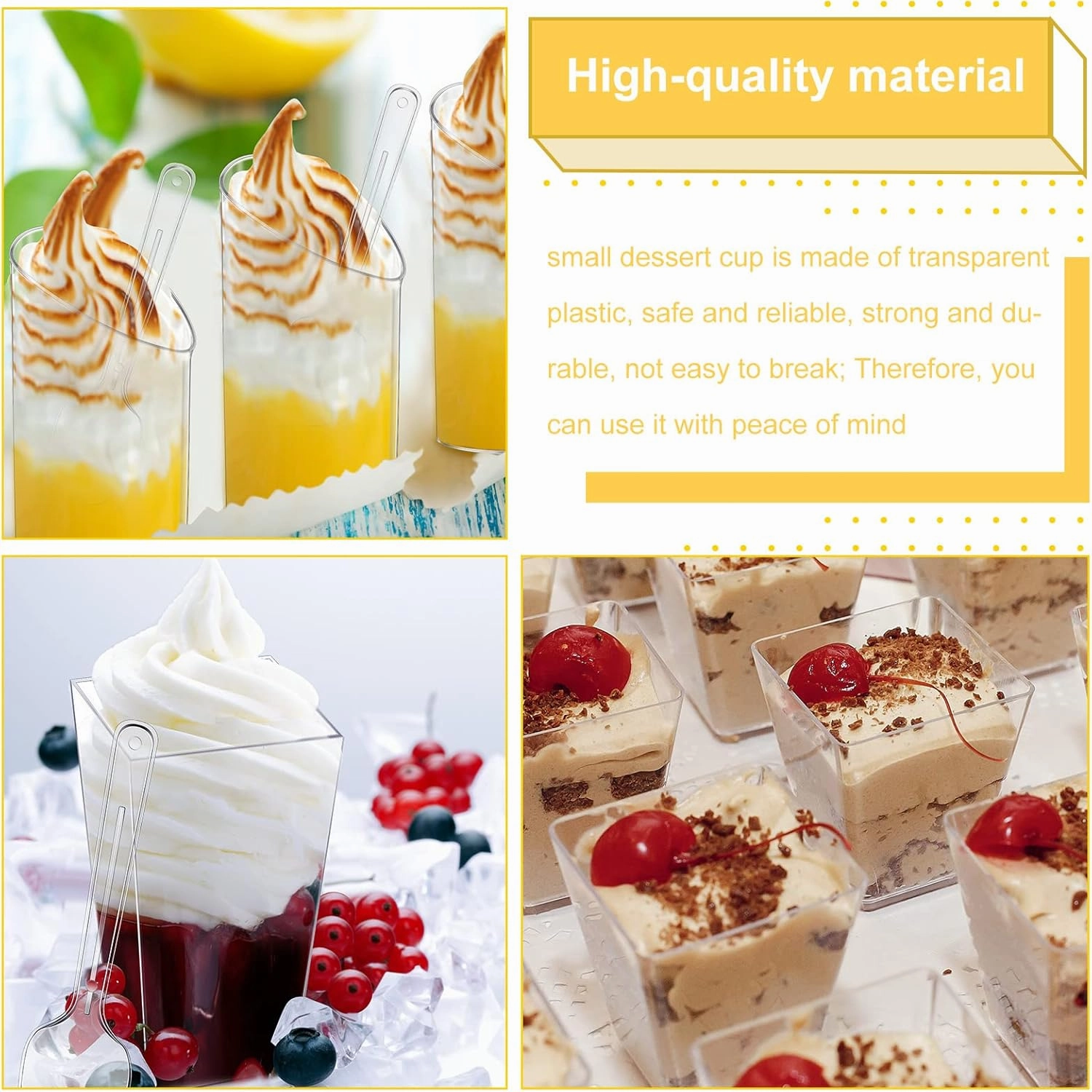 Funtery 300 Pack Mini Dessert Cups with Spoons Bulk Clear Plastic Slanted Round Parfait Appetizer Cup for Desserts Shooters(3oz, 5oz,Round, Square, Square)