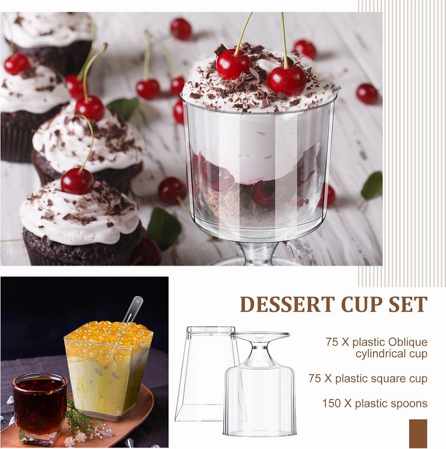 Funtery 300 Pack Mini Dessert Cups with Spoons Bulk Clear Plastic Slanted Round Parfait Appetizer Cup for Desserts Shooters(5oz,Square, Goblet)