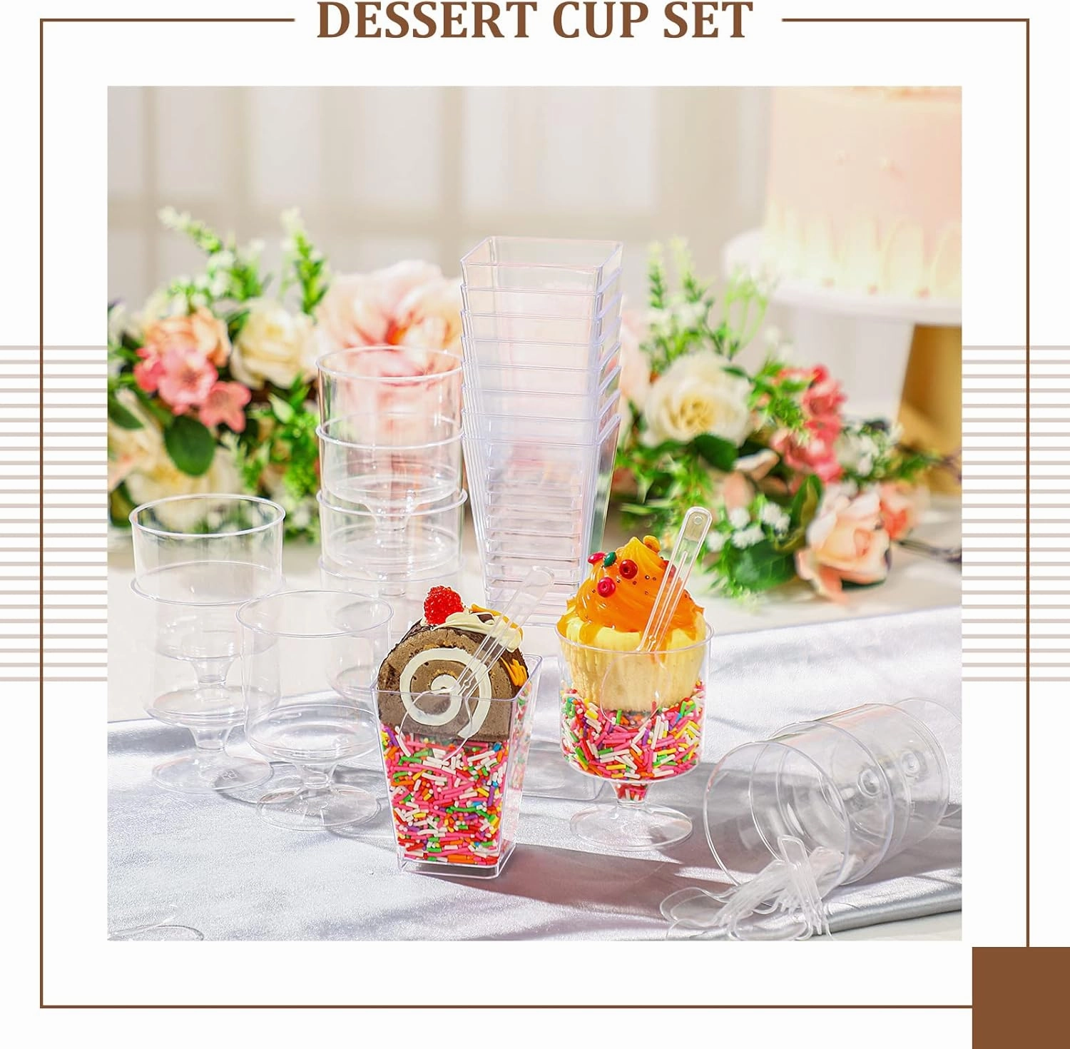 Funtery 300 Pack Mini Dessert Cups with Spoons Bulk Clear Plastic Slanted Round Parfait Appetizer Cup for Desserts Shooters(5oz,Square, Goblet)