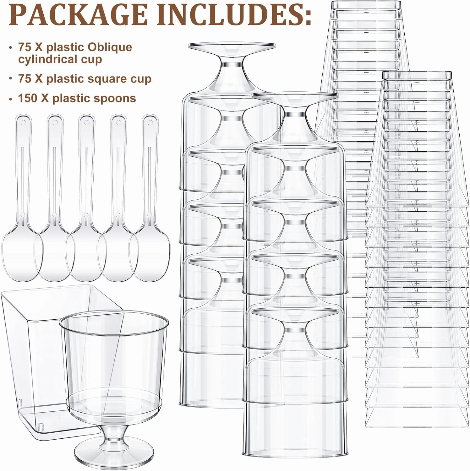 Funtery 300 Pack Mini Dessert Cups with Spoons Bulk Clear Plastic Slanted Round Parfait Appetizer Cup for Desserts Shooters(5oz,Square, Goblet)