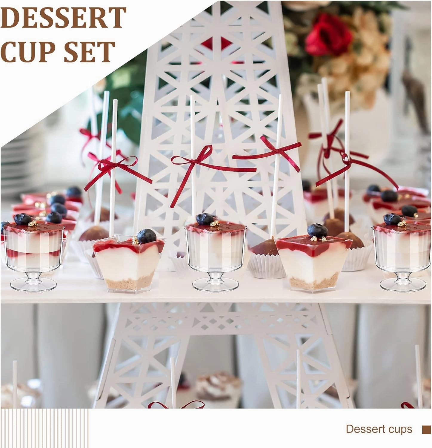 Funtery 300 Pack Mini Dessert Cups with Spoons Bulk Clear Plastic Slanted Round Parfait Appetizer Cup for Desserts Shooters(5oz,Square, Goblet)