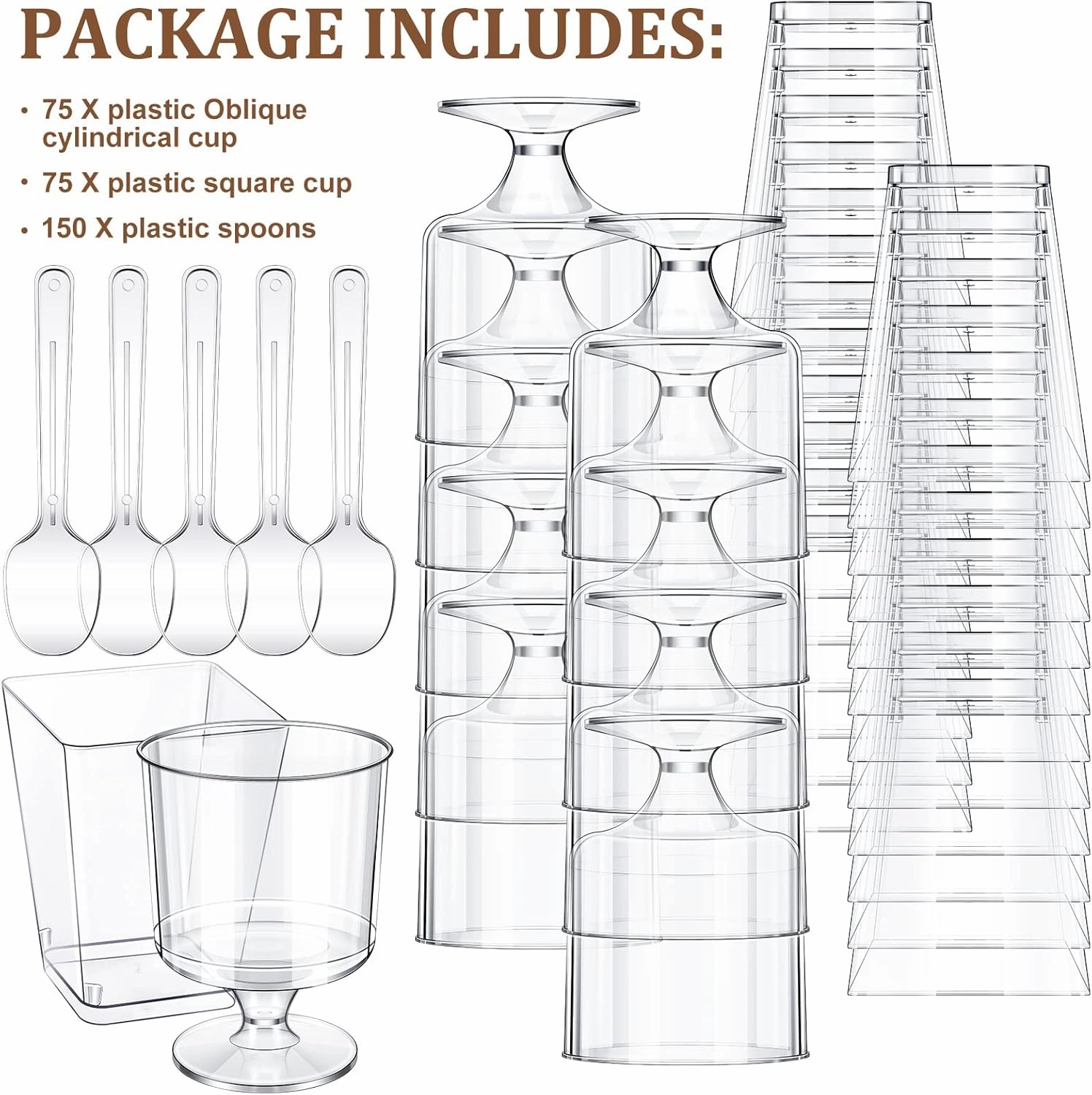 Funtery 300 Pack Mini Dessert Cups with Spoons Bulk Clear Plastic Slanted Round Parfait Appetizer Cup for Desserts Shooters(5oz,Square, Goblet)