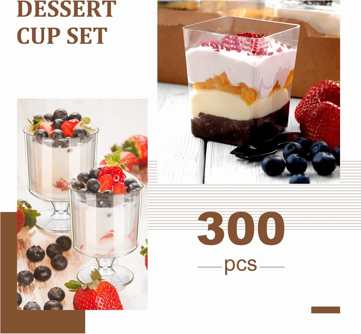 Funtery 300 Pack Mini Dessert Cups with Spoons Bulk Clear Plastic Slanted Round Parfait Appetizer Cup for Desserts Shooters(5oz,Square, Goblet)