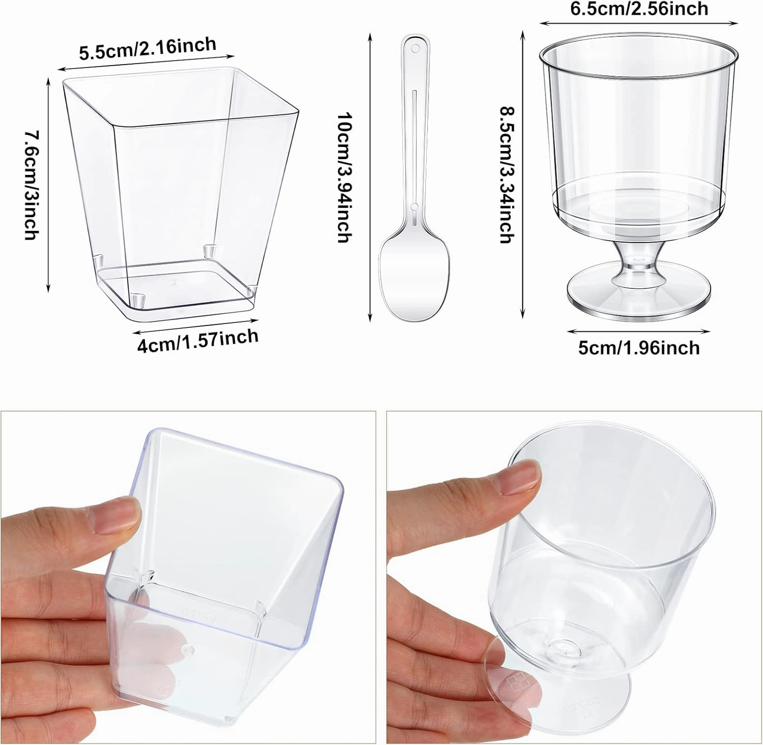 Funtery 300 Pack Mini Dessert Cups with Spoons Bulk Clear Plastic Slanted Round Parfait Appetizer Cup for Desserts Shooters(5oz,Square, Goblet)