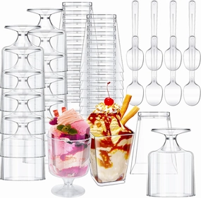 Funtery 300 Pack Mini Dessert Cups with Spoons Bulk Clear Plastic Slanted Round Parfait Appetizer Cup for Desserts Shooters(5oz,Square, Goblet)