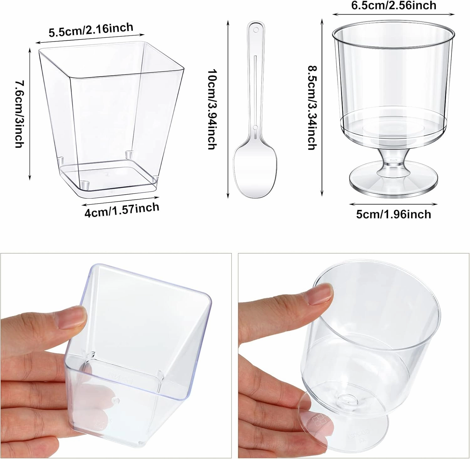 Funtery 300 Pack Mini Dessert Cups with Spoons Bulk Clear Plastic Slanted Round Parfait Appetizer Cup for Desserts Shooters(5oz,Square, Goblet)