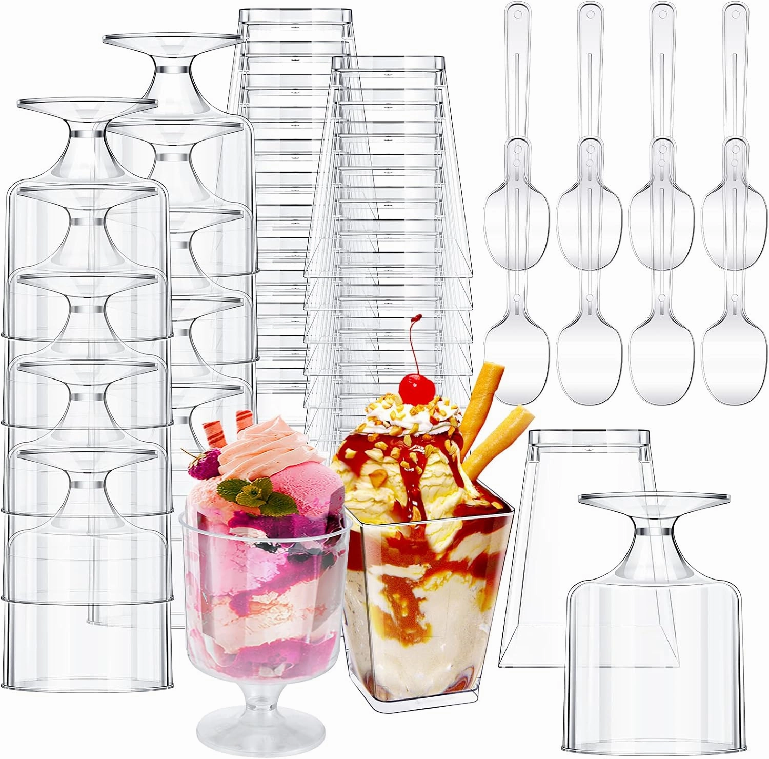Funtery 300 Pack Mini Dessert Cups with Spoons Bulk Clear Plastic Slanted Round Parfait Appetizer Cup for Desserts Shooters(5oz,Square, Goblet)