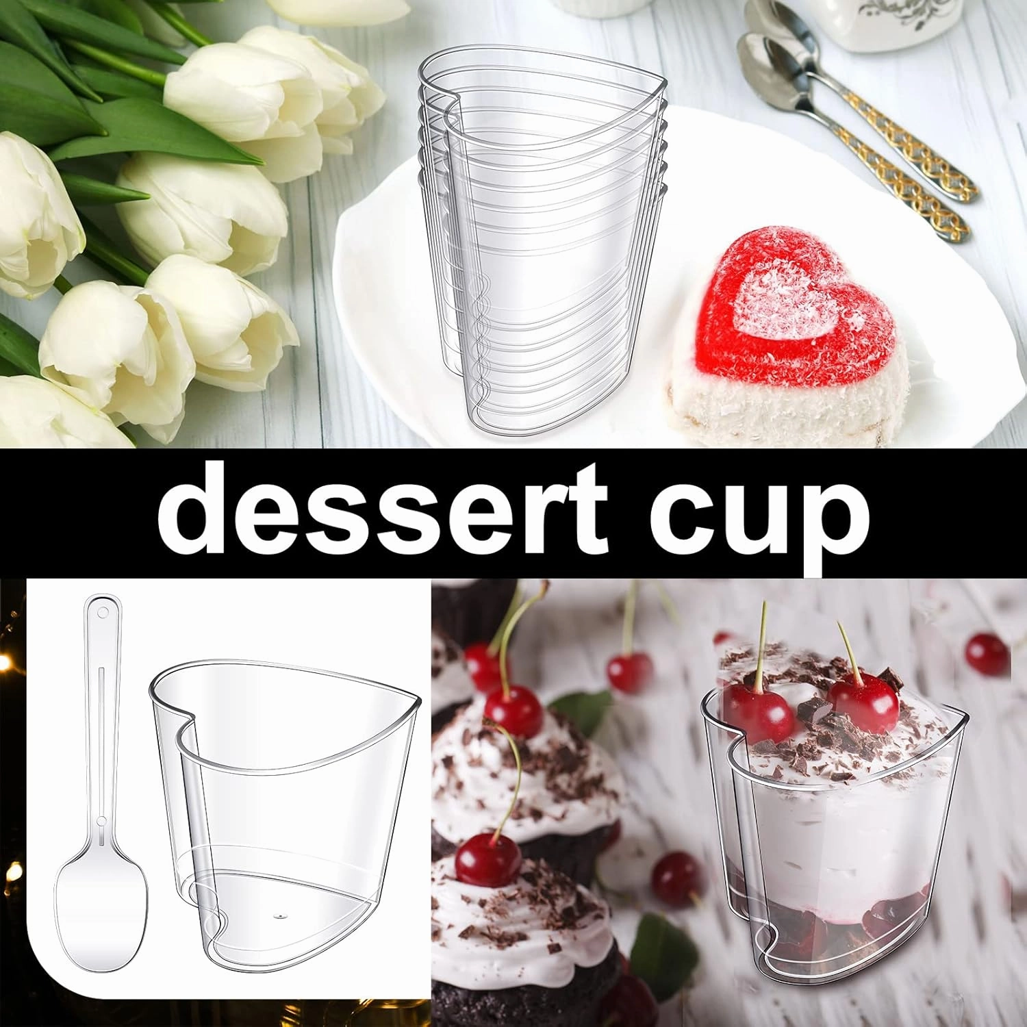 Funtery 300 Pack Mini Dessert Cups with Spoons Bulk Clear Plastic Slanted Round Parfait Appetizer Cup for Desserts Shooters(5oz,Square, Heart)