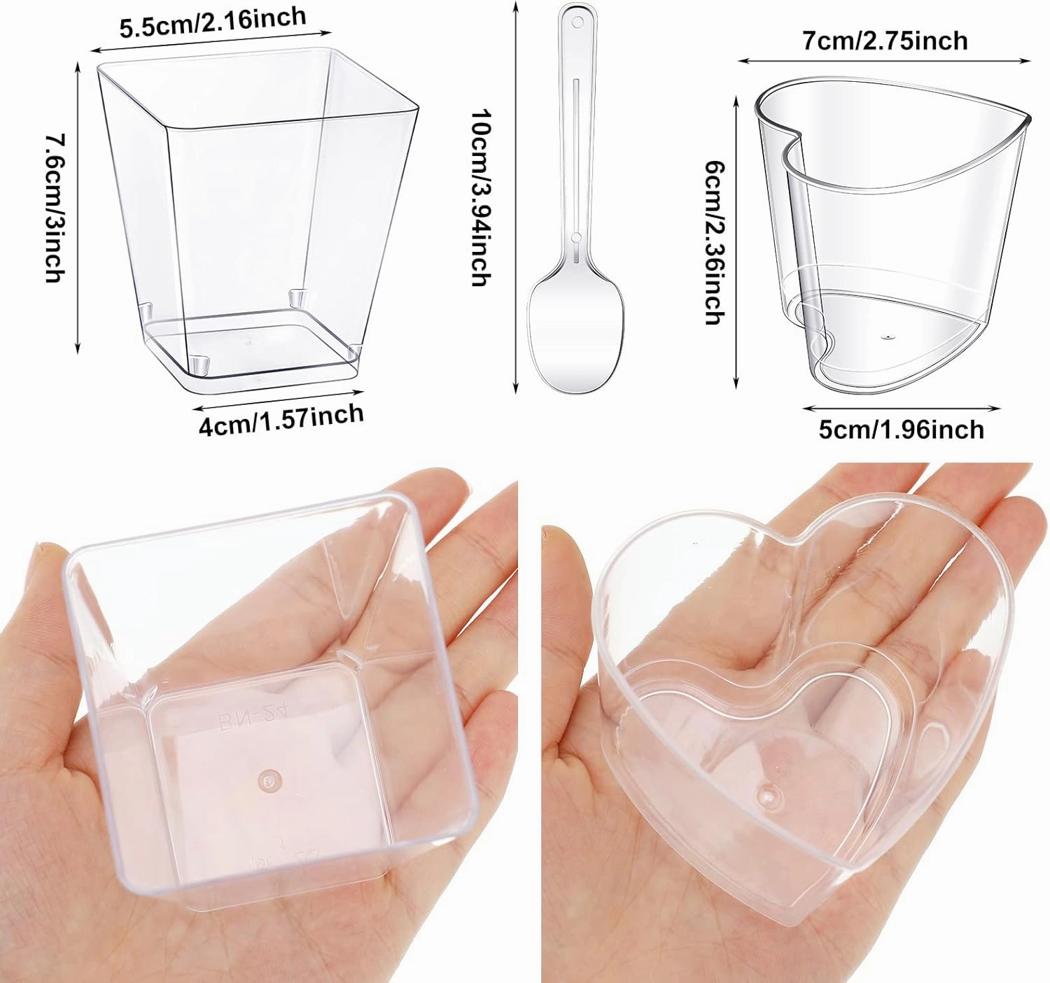 Funtery 300 Pack Mini Dessert Cups with Spoons Bulk Clear Plastic Slanted Round Parfait Appetizer Cup for Desserts Shooters(5oz,Square, Heart)