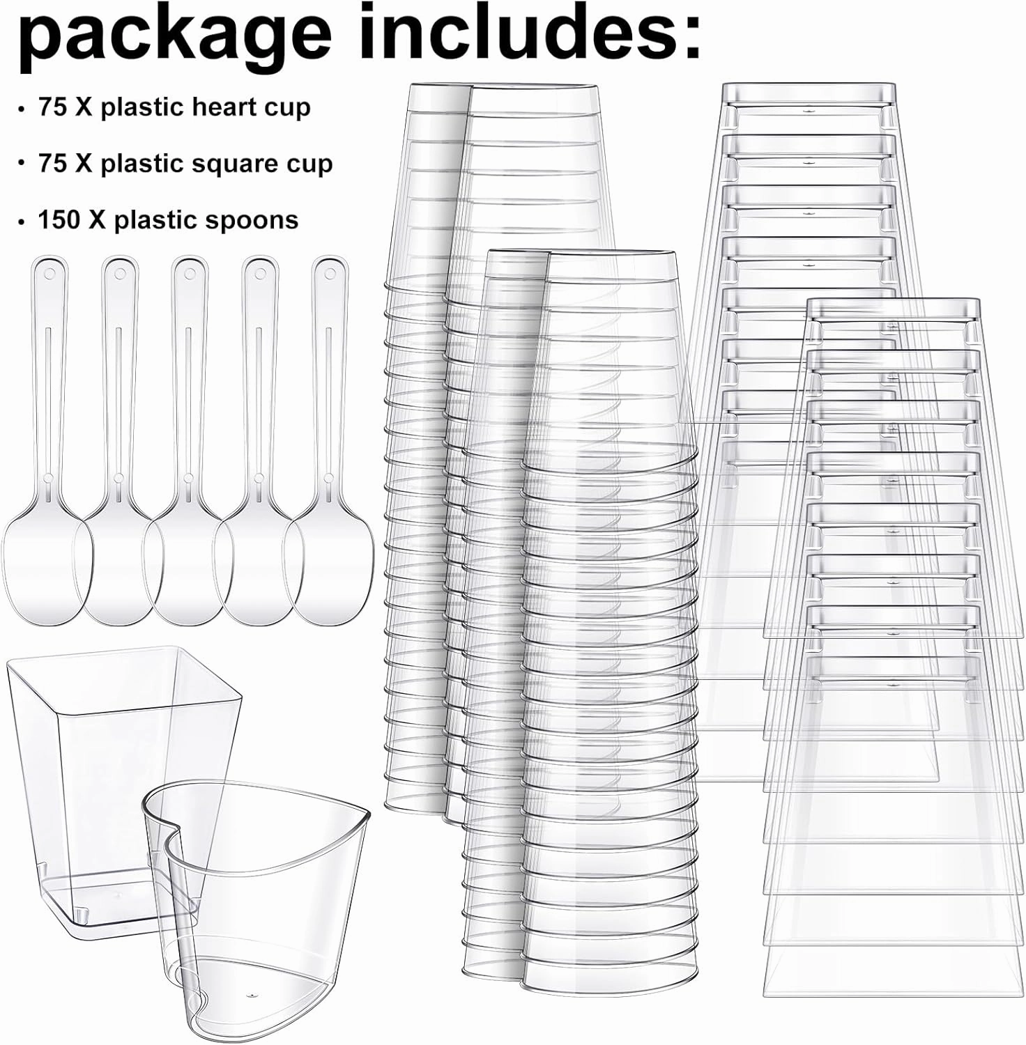 Funtery 300 Pack Mini Dessert Cups with Spoons Bulk Clear Plastic Slanted Round Parfait Appetizer Cup for Desserts Shooters(5oz,Square, Heart)