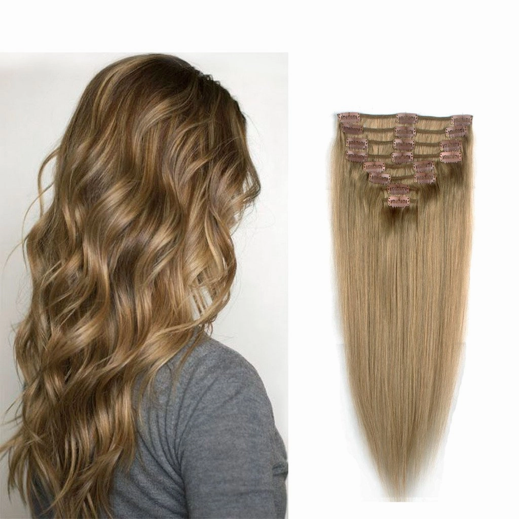 FUT 20inch 70g Straight Grade 7a Remy Human Hair Pieces Extensions Full Head 18 Clips in 8 PCS for Girl Lady Women Ash Blonde