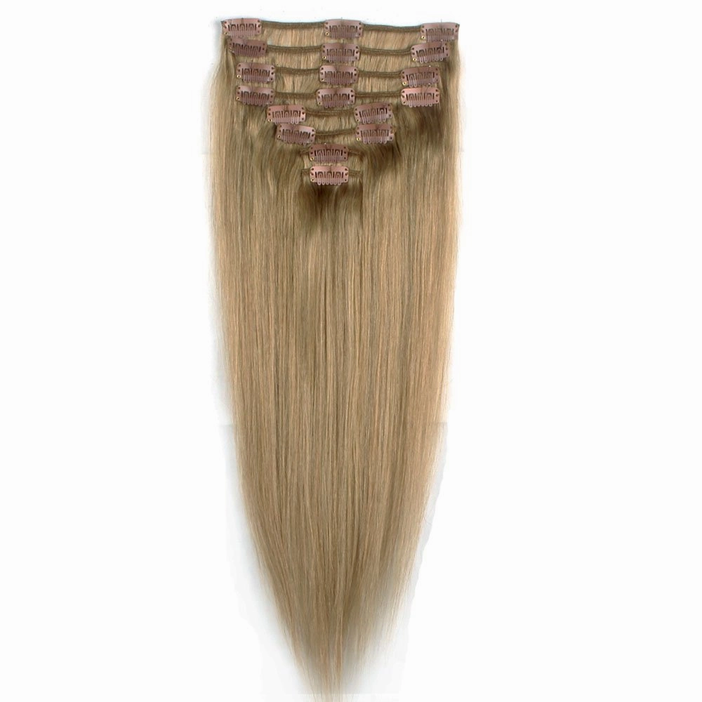 FUT 20inch 70g Straight Grade 7a Remy Human Hair Pieces Extensions Full Head 18 Clips in 8 PCS for Girl Lady Women Ash Blonde