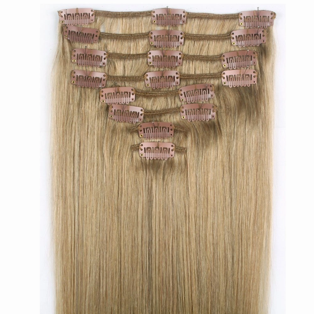 FUT 20inch 70g Straight Grade 7a Remy Human Hair Pieces Extensions Full Head 18 Clips in 8 PCS for Girl Lady Women Ash Blonde