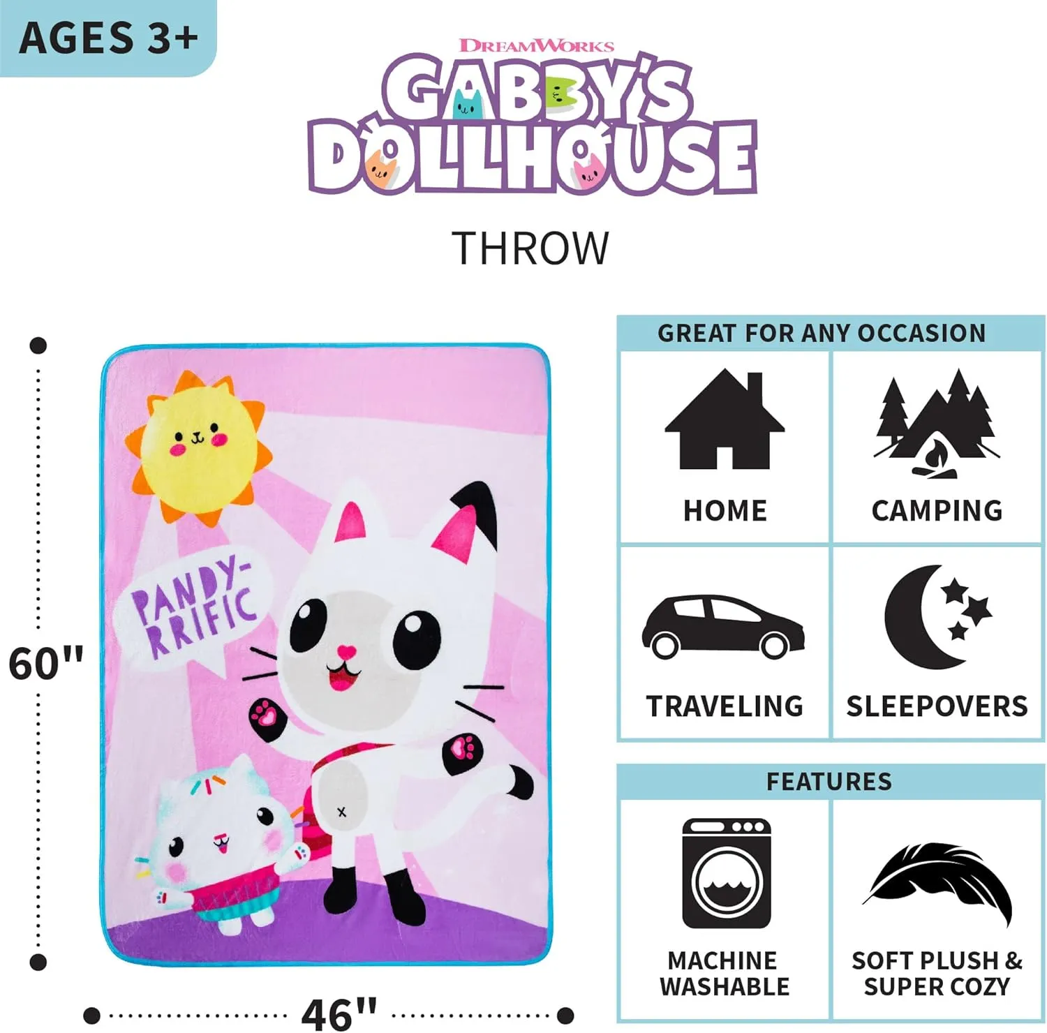 Gabby's Dollhouse Cakey And Pandy Kids Bedding Super Soft Micro Raschel Throw, 46 in x 60 in, By Franco