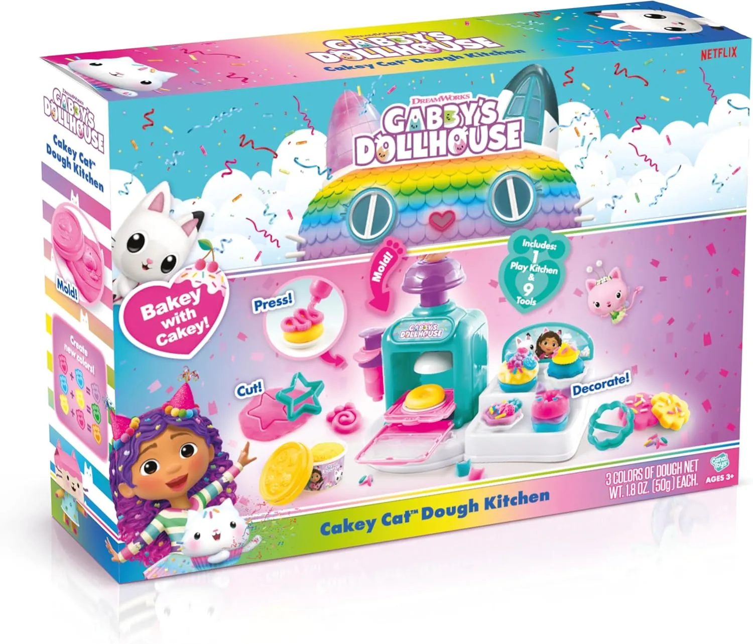 Gabby’s Dollhouse™ Cakey Cat™ Dough Kitchen! Make Your own Meow-Mazing Pretend Play Treats with Colorful Dough! Age 3 