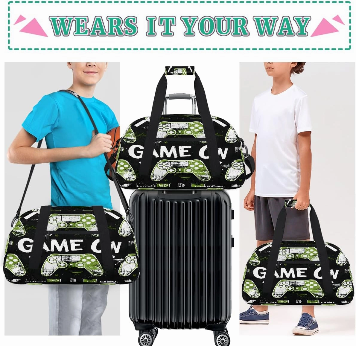 Game Console Kids Overnighter Duffel Bags for Boys, Carry-On Size Sports Gym Bag with Front Zipper Pocket for School Practice or Overnight Travel Weekender Sleepover Tote Bag