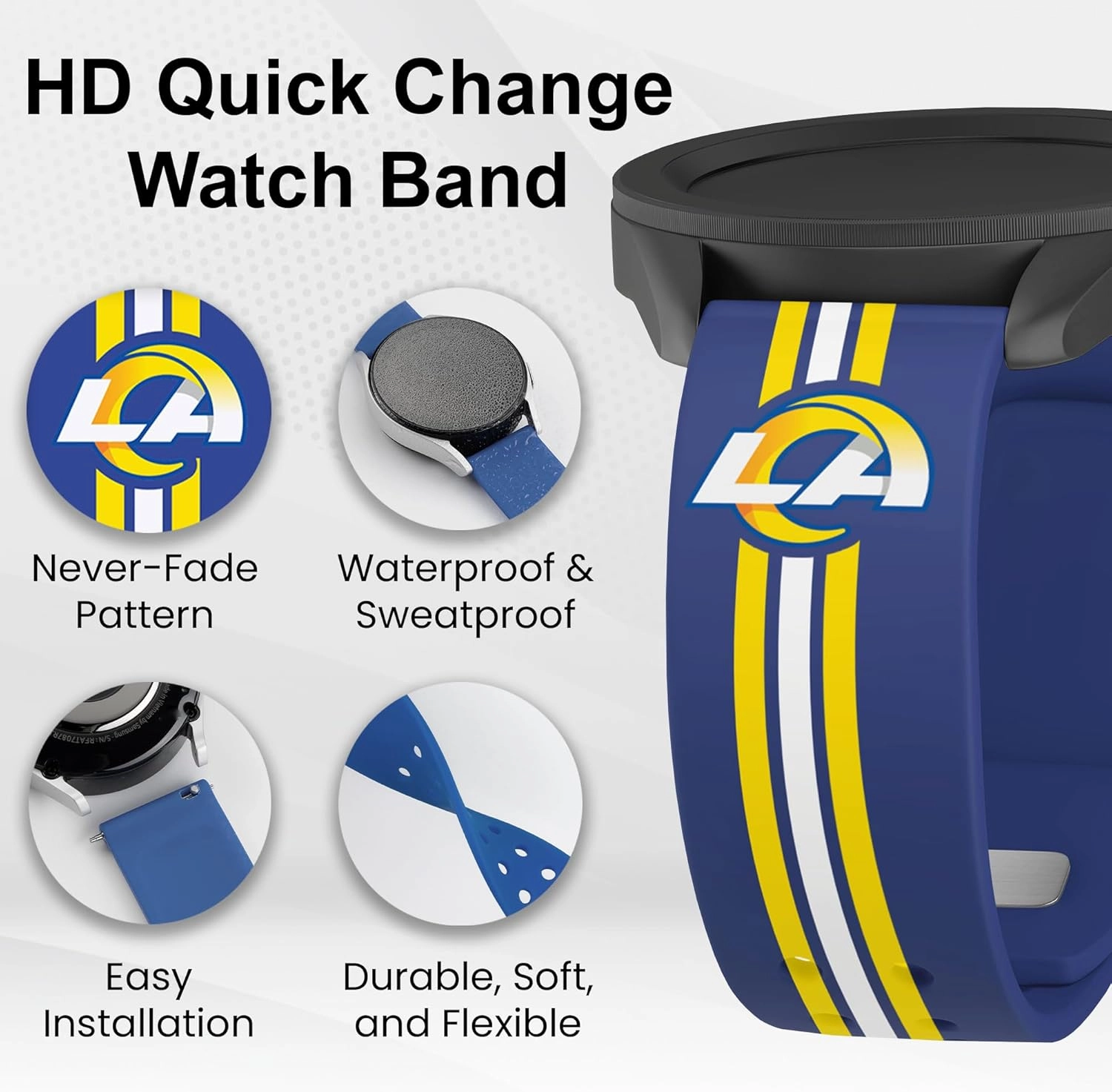 Game Time Los Angeles Rams Quick Change HD Watch Band Compatible with Samsung and More