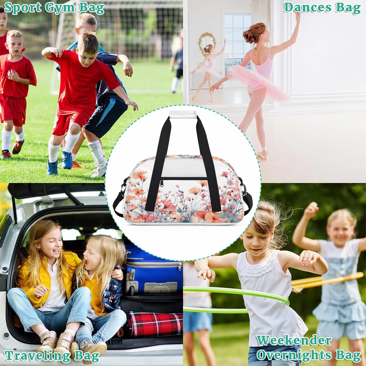 Garden Flowers Kids Overnighter Duffel Bags for Boys, Carry-On Size Sports Gym Bag with Front Zipper Pocket for School Practice or Overnight Travel Weekender Sleepover Tote Bag