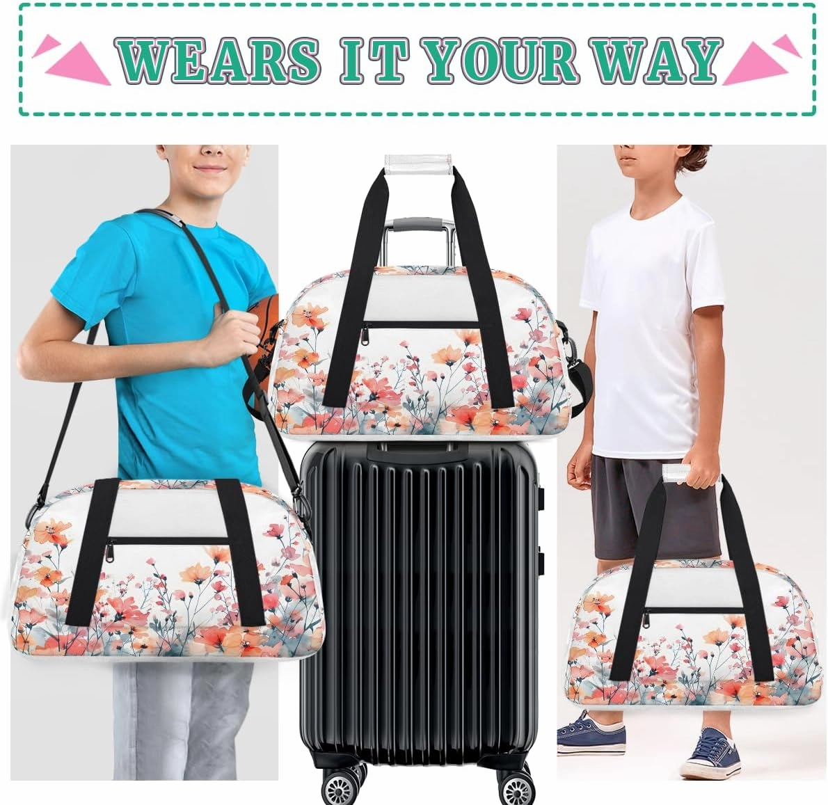 Garden Flowers Kids Overnighter Duffel Bags for Boys, Carry-On Size Sports Gym Bag with Front Zipper Pocket for School Practice or Overnight Travel Weekender Sleepover Tote Bag