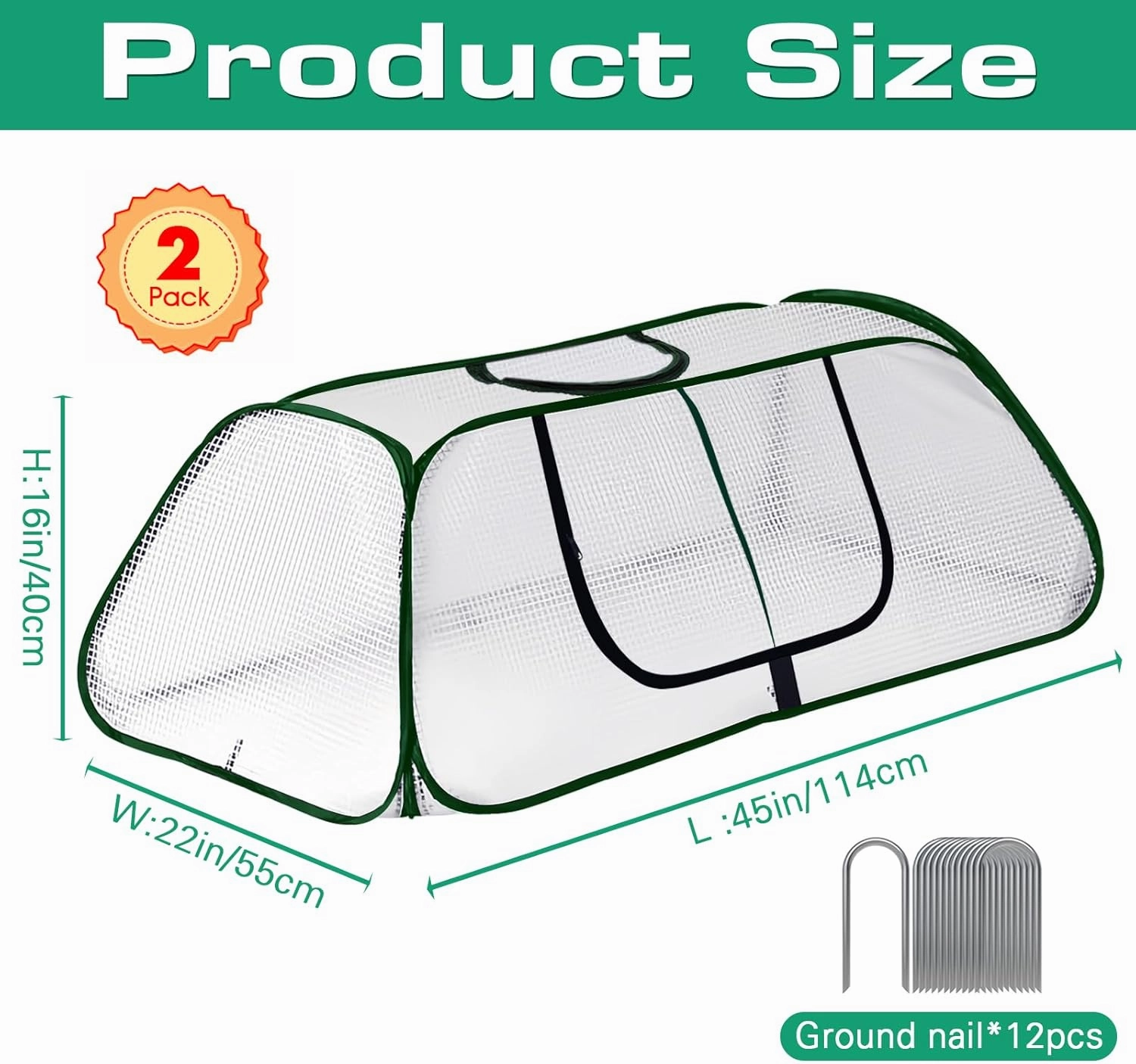 Garden Rows Accelerator Plants Cover-Garden Greenhouse with Roll-up Zipper Door,Thicker PE Cover for Indoor Outdoor Vegetable Fruits Rows - 45" L x 22" W x 16" H (White, 2 Pack)