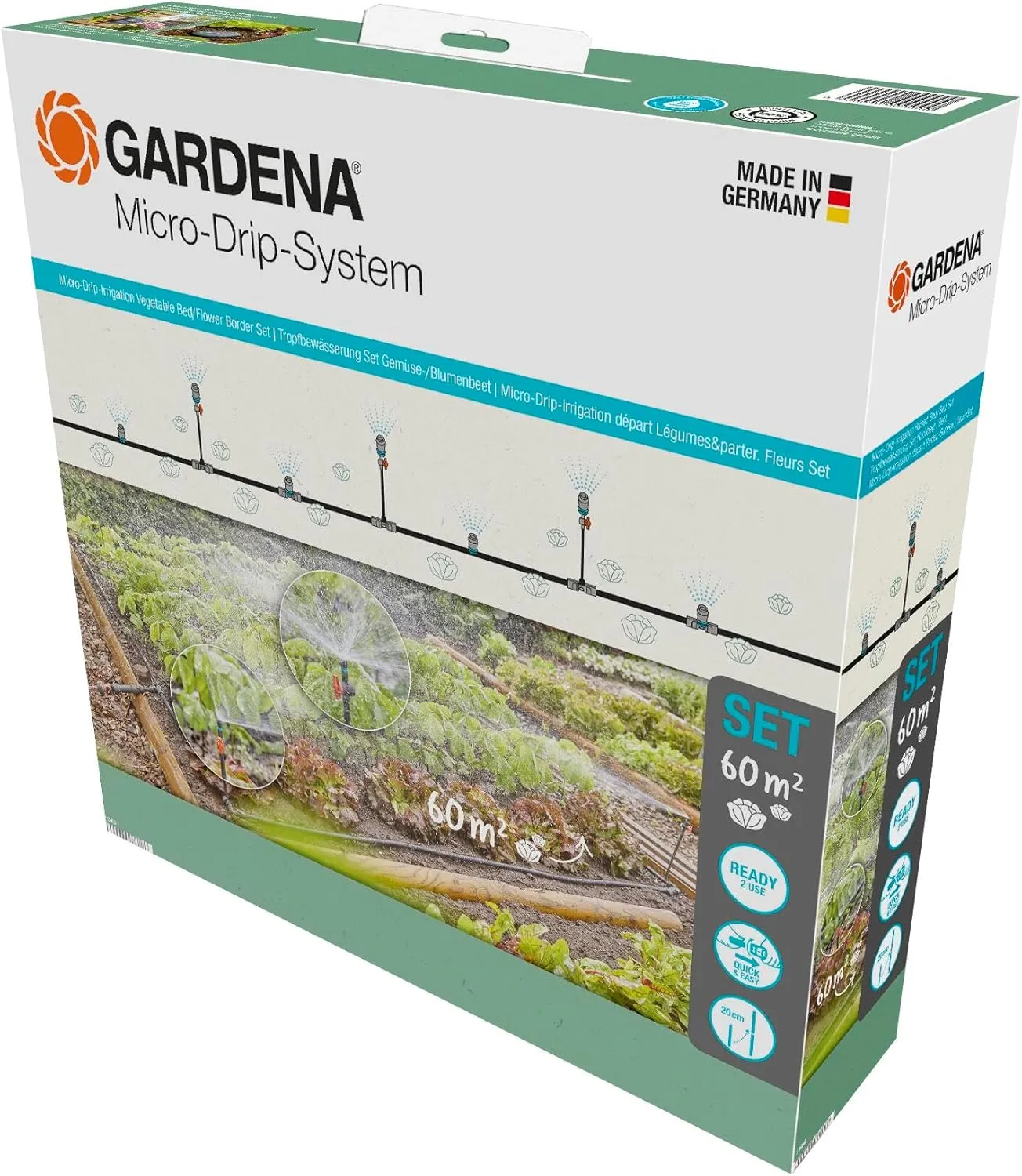 Gardena Micro-Drip-System Drip Irrigation Set Vegetable/Flower Bed (60 m²): Starter Set, Ready to use, Water-Saving Irrigation System, Simple & Flexible Connection Technology (13450-20)