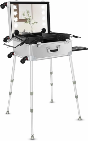 GCCSJ Aluminum Trolley Makeup Train Case with 8 LED Light 21'' Rolling Cosmetic Organizer Studio Speaker Make up Artist Free Standing Box with Stand Mirror Makeup Vanity Station for Travel (Silver)