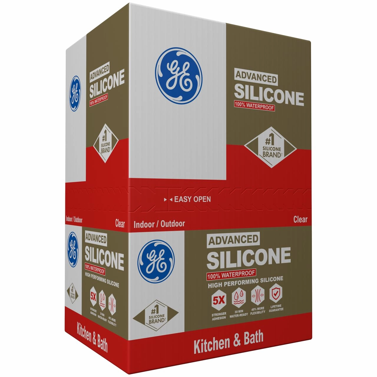 GE Advanced Silicone Caulk for Kitchen & Bathroom - 100% Waterproof Silicone Sealant, 5X Stronger Adhesion, Shrink & Crack Proof - 10 oz Cartridge, Clear, Pack of 12