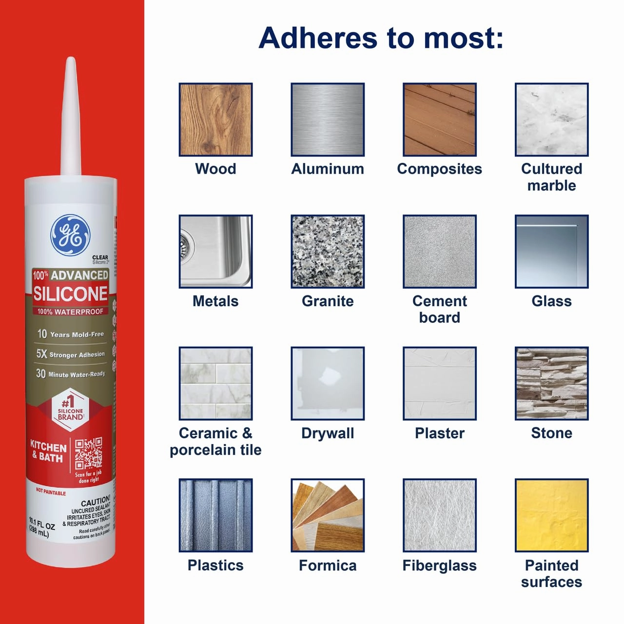 GE Advanced Silicone Caulk for Kitchen & Bathroom - 100% Waterproof Silicone Sealant, 5X Stronger Adhesion, Shrink & Crack Proof - 10 oz Cartridge, Clear, Pack of 12
