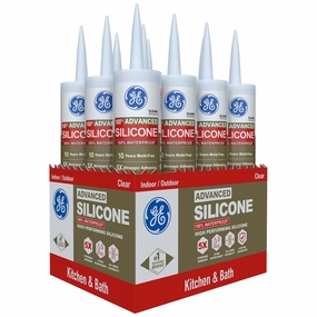 GE Advanced Silicone Caulk for Kitchen & Bathroom - 100% Waterproof Silicone Sealant, 5X Stronger Adhesion, Shrink & Crack Proof - 10 oz Cartridge, Clear, Pack of 12