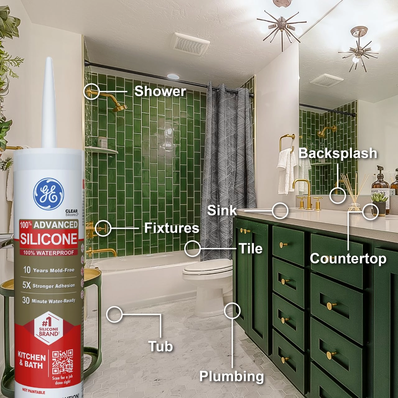 GE Advanced Silicone Caulk for Kitchen & Bathroom - 100% Waterproof Silicone Sealant, 5X Stronger Adhesion, Shrink & Crack Proof - 10 oz Cartridge, Clear, Pack of 12