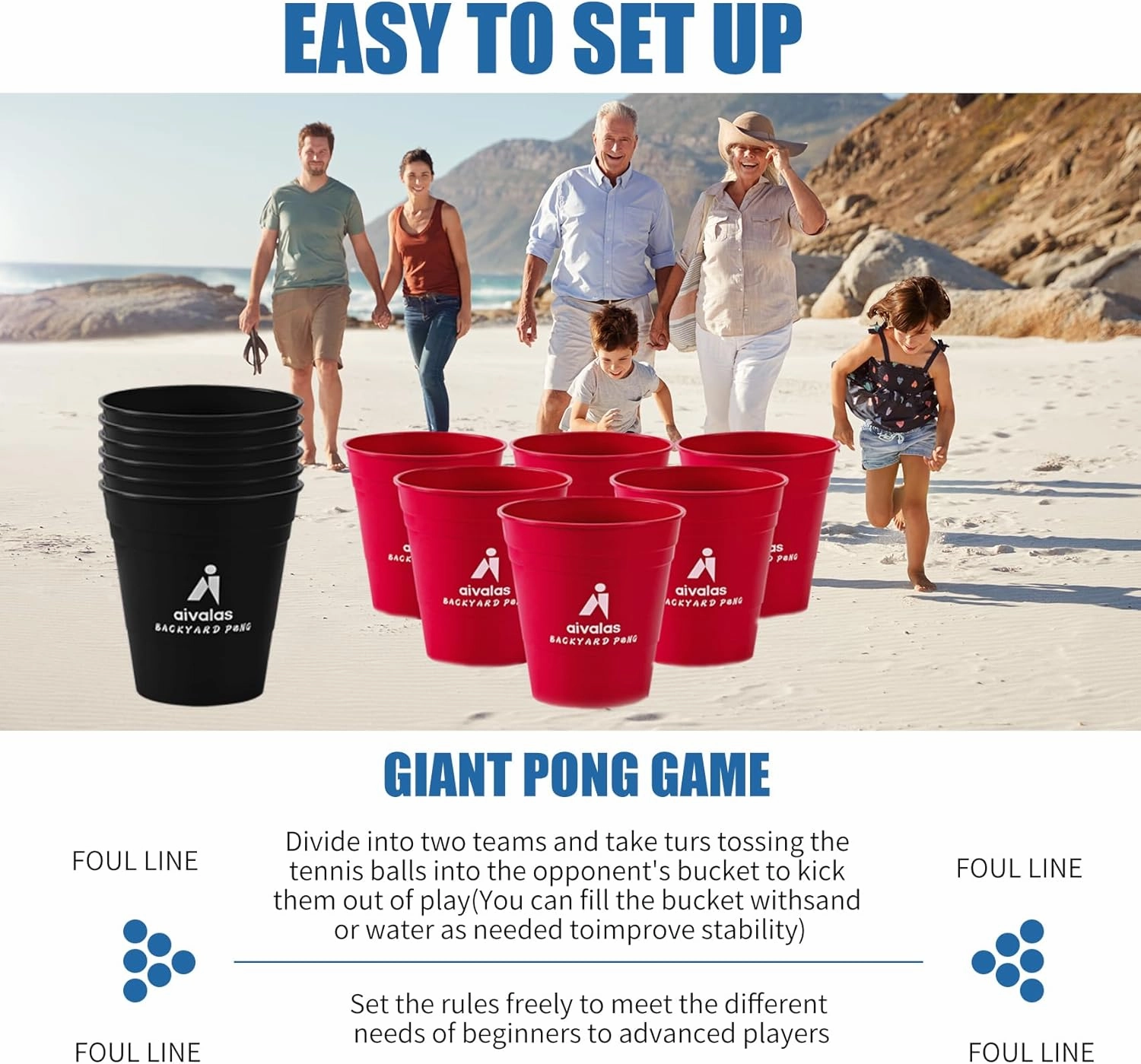 Giant Yard Pong Outdoor Games Set,Giant Yard Pong for Adults and Family with XL Size Buckets, Ring Toss Games for Kids Adult with Carrying Bag, Toss Games for Family Party, Camping, Backyard