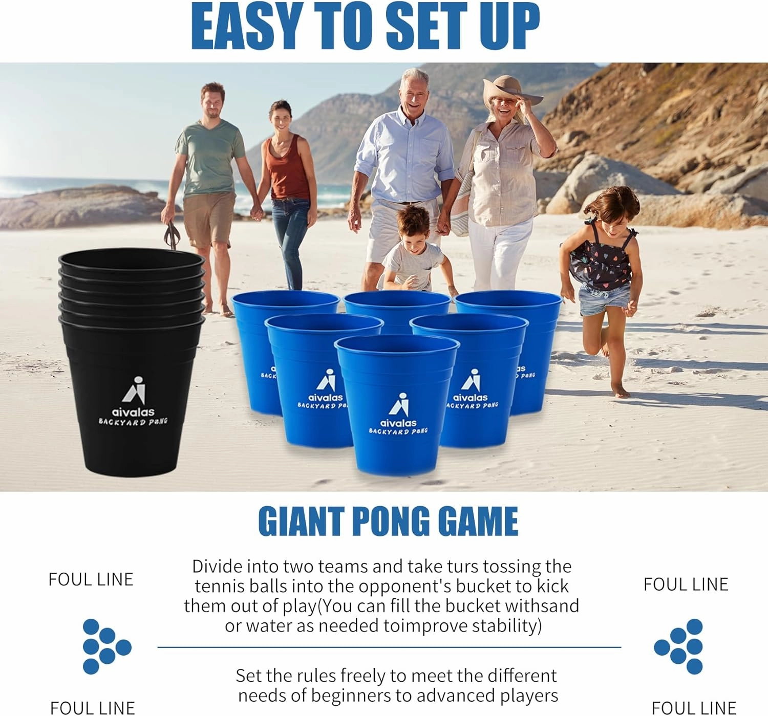 Giant Yard Pong Outdoor Games Set,Giant Yard Pong for Adults and Family with XL Size Buckets, Ring Toss Games for Kids Adult with Carrying Bag, Toss Games for Family Party, Camping, Backyard