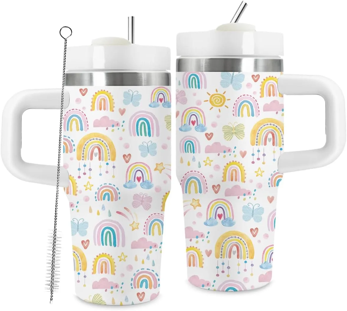 Gifts for Women, 14oz Rainbow Tumbler with Handle and Straw, Birthday Gifts for Rainbow Lover, Daughter, Sister, Gift for Her on Christmas Mothers Day