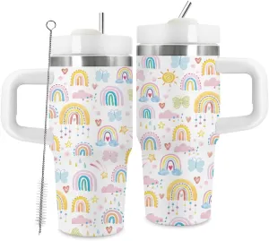 Gifts for Women, 14oz Rainbow Tumbler with Handle and Straw, Birthday Gifts for Rainbow Lover, Daughter, Sister, Gift for Her on Christmas Mothers Day