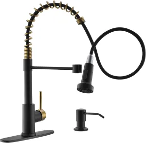 GIMILI Black and Gold Kitchen Faucet with Soap Dispenser Commercial Single Handle Spring Brushed Nickel Pull Out Kitchen Sink Faucets with Pull Down Sprayer