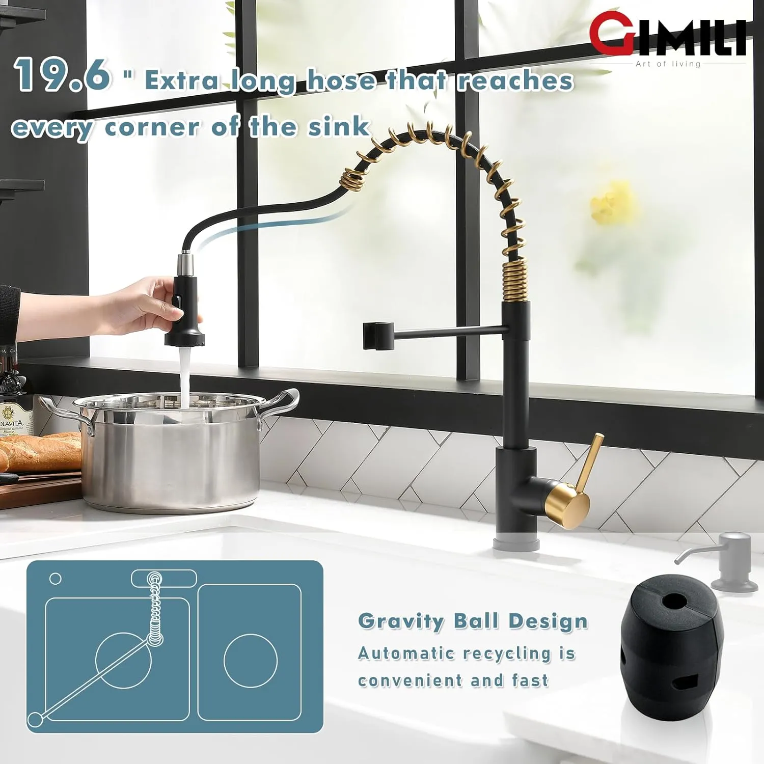 GIMILI Black and Gold Kitchen Faucet with Soap Dispenser Commercial Single Handle Spring Brushed Nickel Pull Out Kitchen Sink Faucets with Pull Down Sprayer