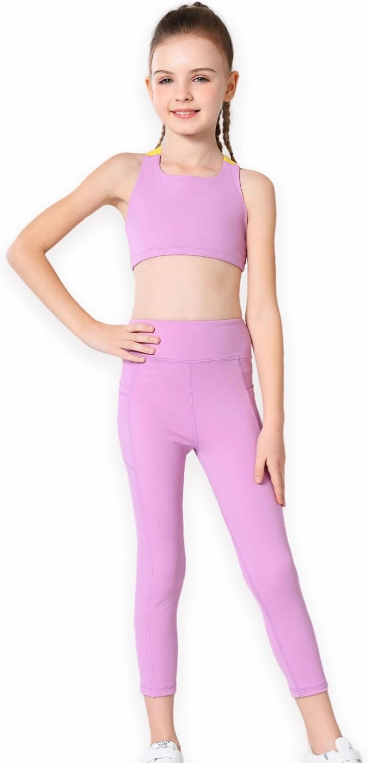 Girls Yoga Leggings Girls Athletic Leggings Training Bras Set Kids Gym Crop Tank Top Activewear Set for 5-13Years
