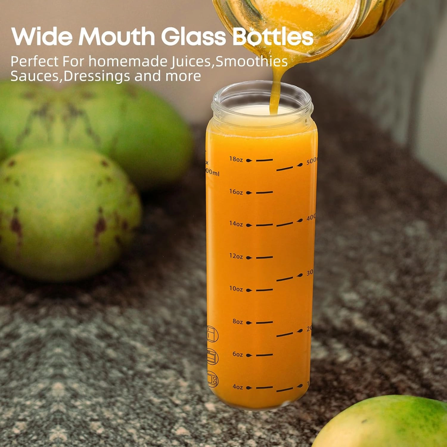 Glass Juice Bottles 20oz - 3 PackWide Mouth Water Bottles with Lids for Juicing Reusable Juice Bottles for Smoothie Beverage Storage BPA Free Leakproof Borosilicate