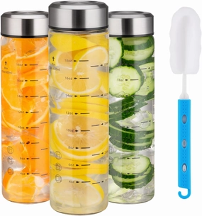 Glass Juice Bottles 20oz - 3 PackWide Mouth Water Bottles with Lids for Juicing Reusable Juice Bottles for Smoothie Beverage Storage BPA Free Leakproof Borosilicate