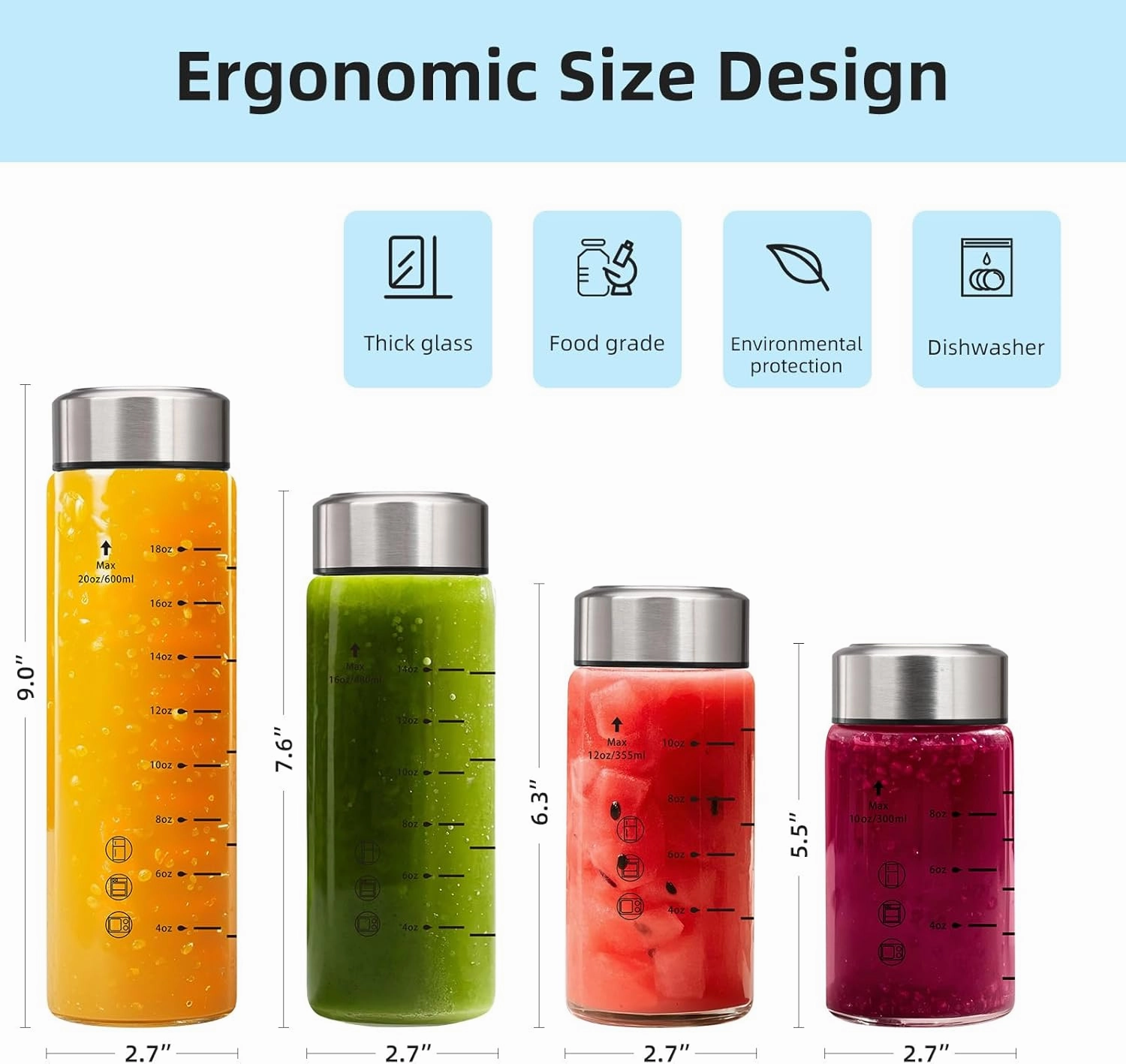 Glass Juice Bottles 20oz - 3 PackWide Mouth Water Bottles with Lids for Juicing Reusable Juice Bottles for Smoothie Beverage Storage BPA Free Leakproof Borosilicate
